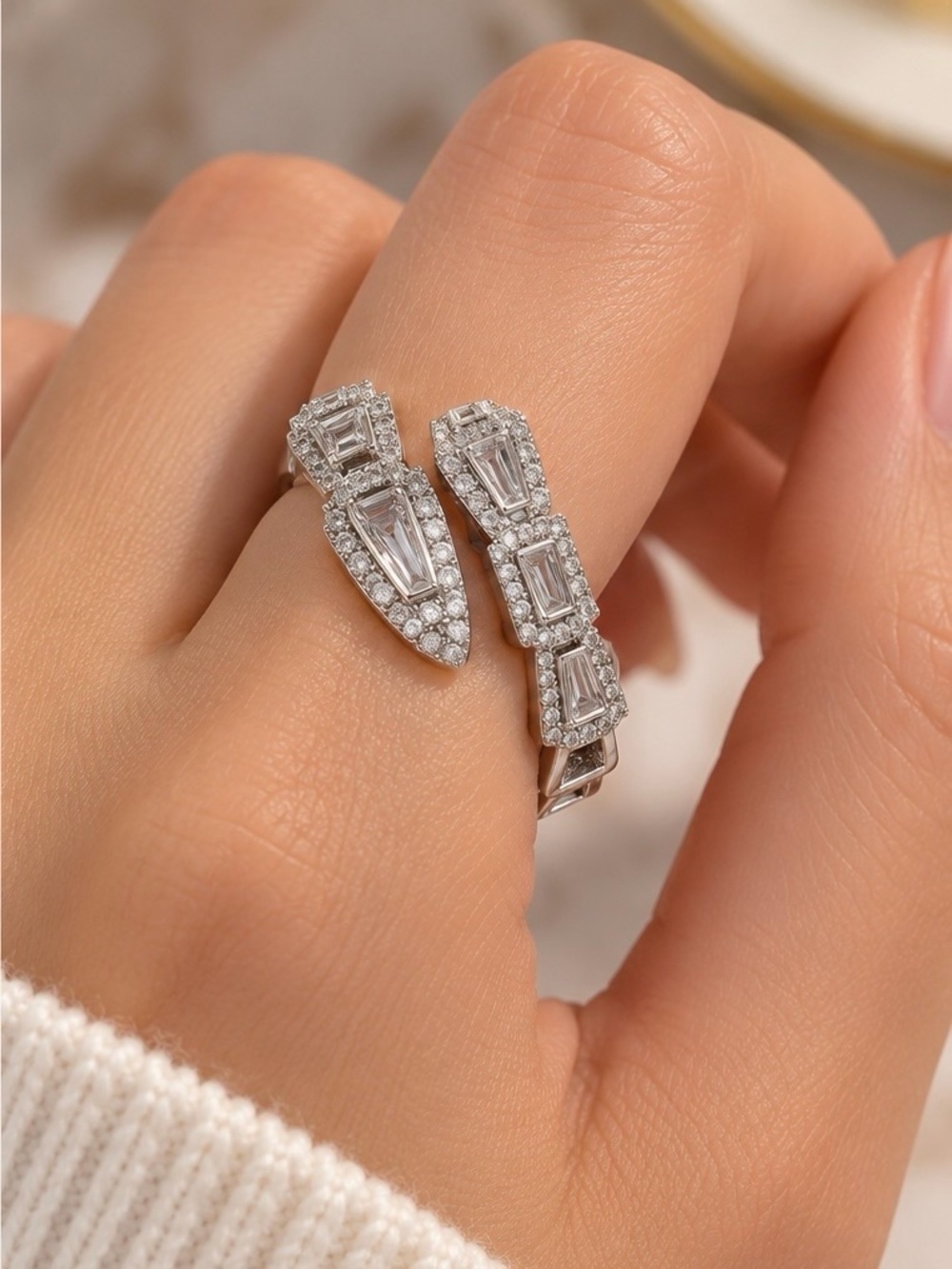 Ring  Open Band Ring with Clear CZ Accents - White